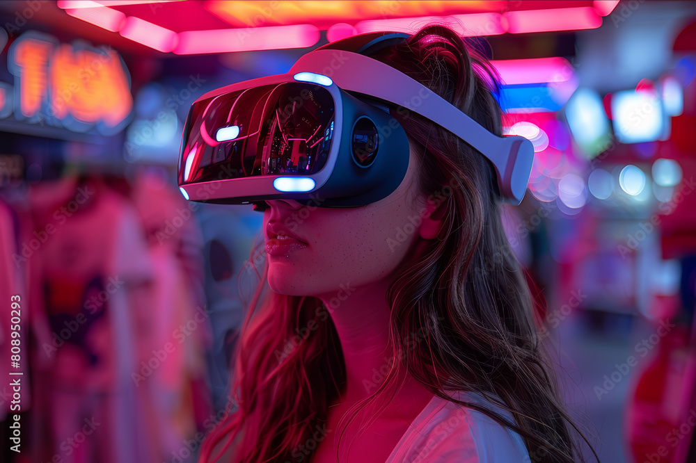 A young woman immersed in a virtual reality game, wearing a VR headset in a vibrant gaming environment.. AI generated. A young woman immersed in a virtual reality game, wearing a VR headset in a vibrant gaming environment.. AI generated.
