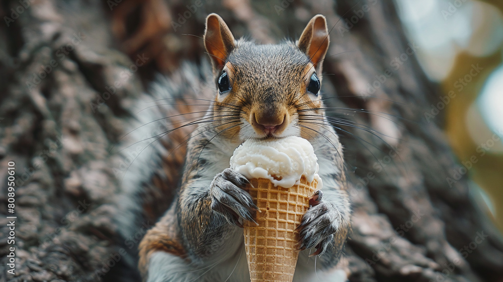 Fotografie Squirrel Eating Vanilla Ice Cream Cone on Tree Bark Background
