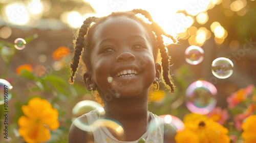 Joyful Young Girl Smiling Among Sunlit Soap Bubbles and Orange Flowers