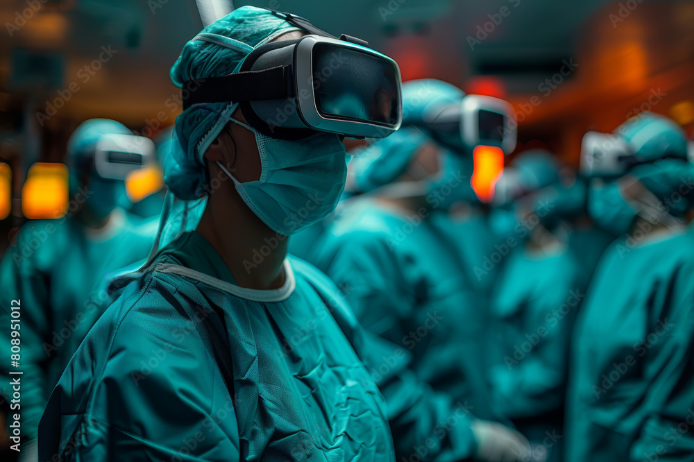 Professional using VR headset for surgical training, simulating a complex medical procedure.. AI generated. Professional using VR headset for surgical training, simulating a complex medical procedure.. AI generated.