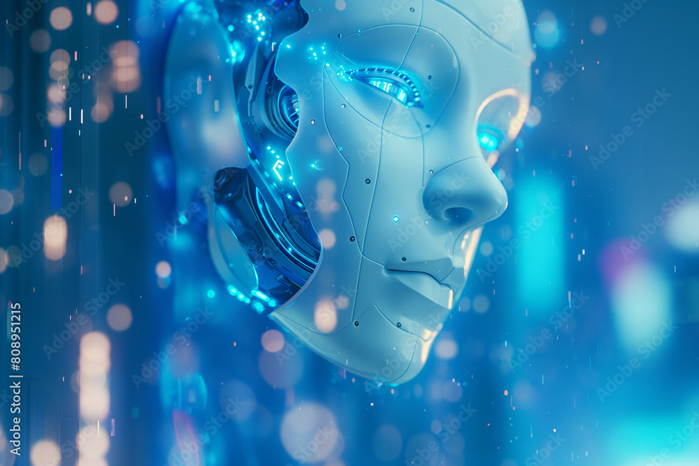 face of female humanoid android Artificial Intelligence mechanical robot be creative Have an understanding of orders It has the most advanced operating system Robot innovations future blue tone face of female humanoid android Artificial Intelligence mechanical robot be creative Have an understanding of orders It has the most advanced operating system Robot innovations future blue tone
