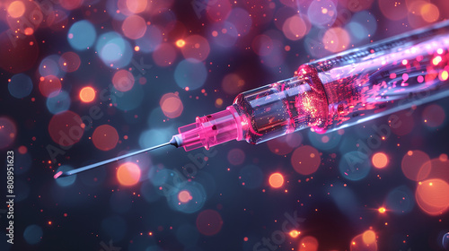 Vivid Pink Syringe Sparkling with Dynamic Red and Blue Bokeh Background