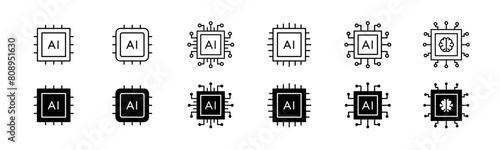 AI chip icon set. Line and glyph AI processor chip. Artificial intelligence microchip icon set
