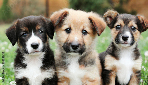 A collection of puppies seated together on a grassy field  backed by a fence