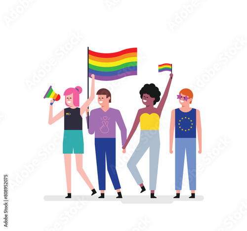 Diverse young friends celebrating pride festival. LGBTQ community concept. Modern vector illustration