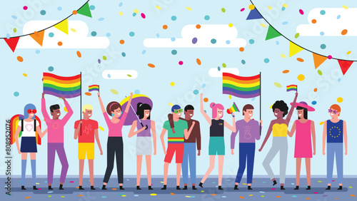 Friends celebrating pride festival. LGBTQ community concept. Modern vector illustration