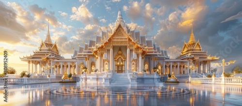 Majestic Wat Traimit Temple with Ornate Golden Spires Reflecting in Tranquil Waters at Sunset photo