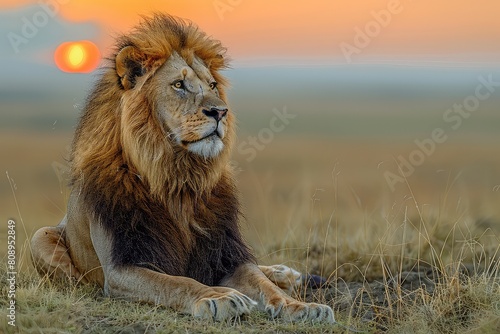 Lion resting in savannah at sunset. The lion's tranquil gaze mirrors the calmness of the twilight, a moment frozen in time.