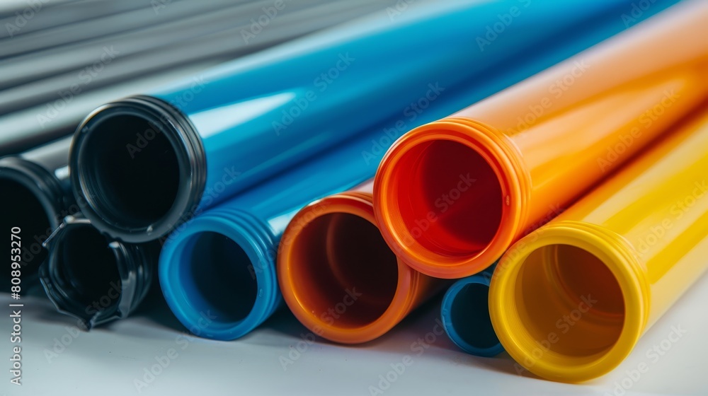 Fototapeta premium Colorful plastic pipes on a white background. Close-up