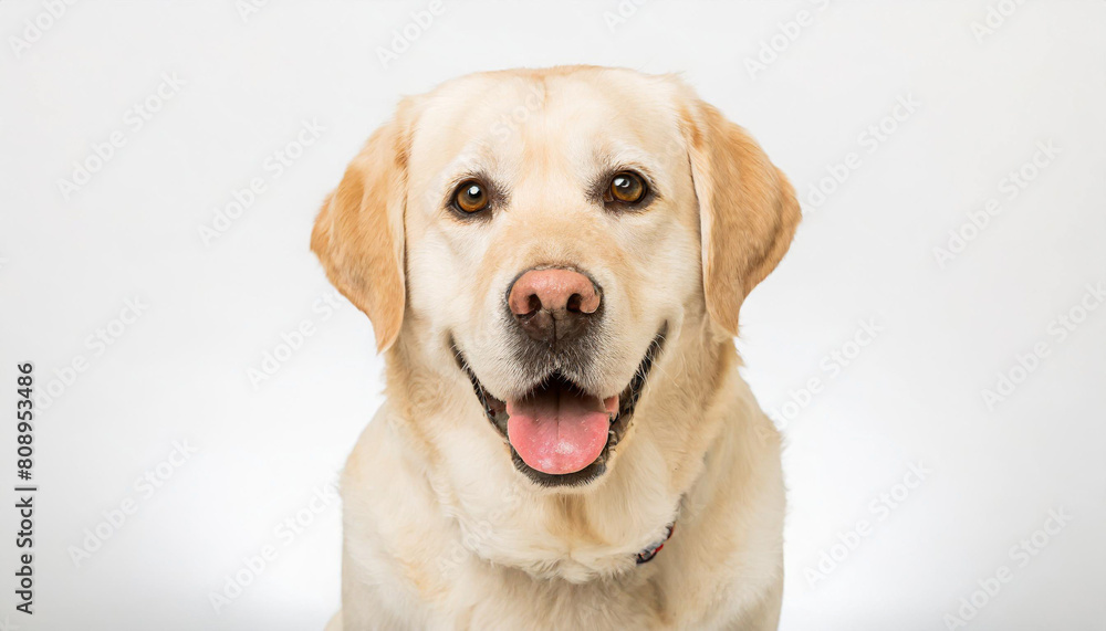 Portrait of a blond labrador retriever dog looking at the camera with a big smile isolated on a white background