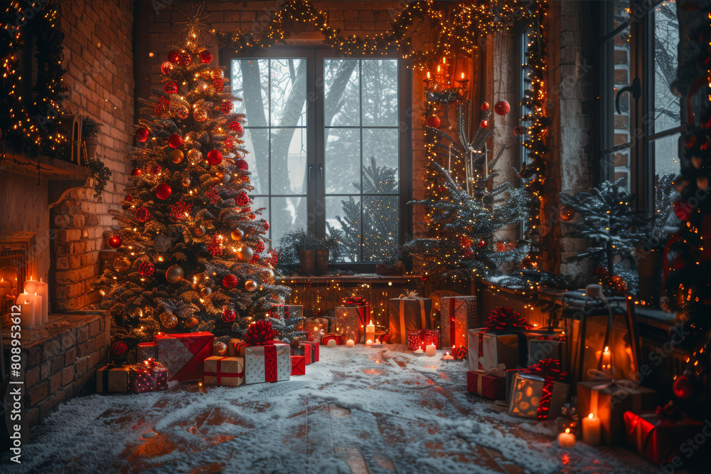 Cozy Christmas scene with a decorated tree and presents in a snowy evening. AI generated.