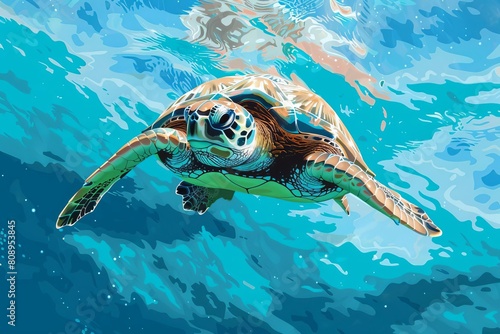 graceful sea turtle swimming in crystal clear blue ocean water vector illustration © Lucija