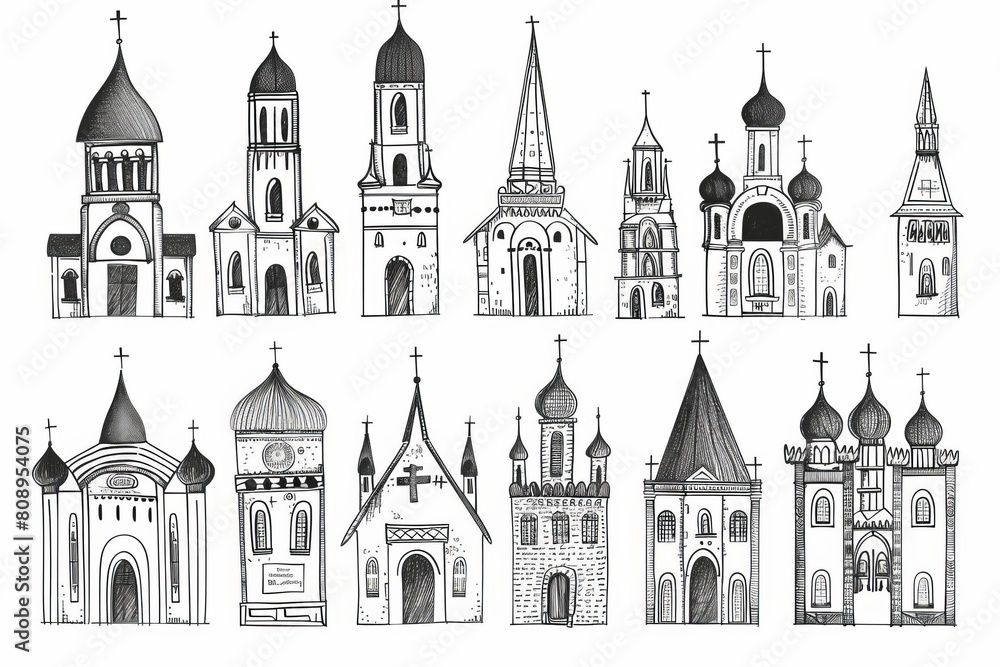 handdrawn church facades with towers doodle set isolated on white religious buildings illustration