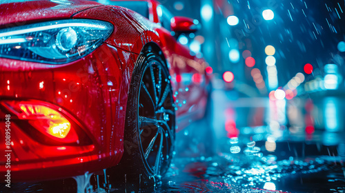 A red car is parked in the rain with its headlights on © Dmitriy