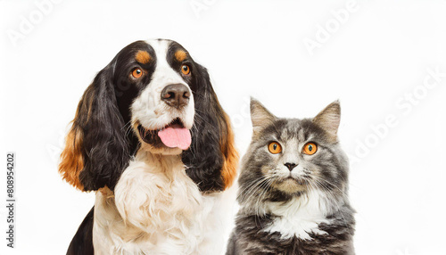 Portrait of a dog Spaniel and cat Scottish Straight isolated white background.