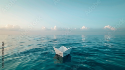 A serene ocean view with a tiny paper boat sailing alone in the vast expanse.