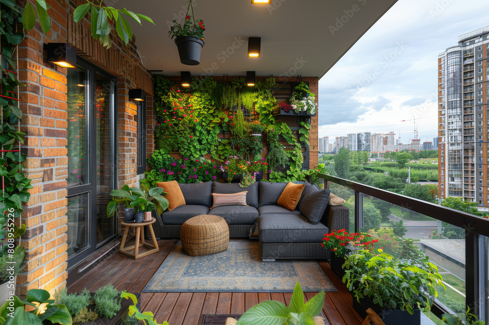 Cozy urban balcony garden with hanging planters and a small seating area, surrounded by cityscape.. AI generated. Cozy urban balcony garden with hanging planters and a small seating area, surrounded by cityscape.. AI generated.