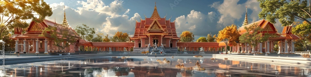 Magnificent Golden Buddhist Temple with Ornate Architecture and Serene Pond Reflection in Thailand