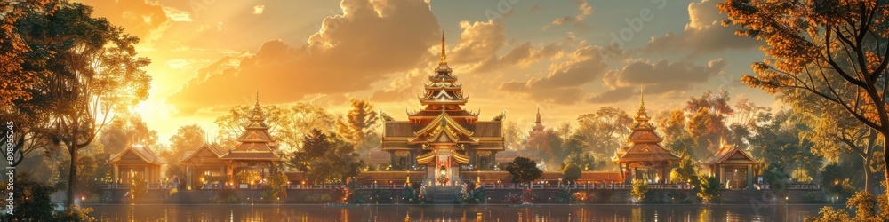 Magnificent Sunset Over Ornate Buddhist Temple Complex in Thailand