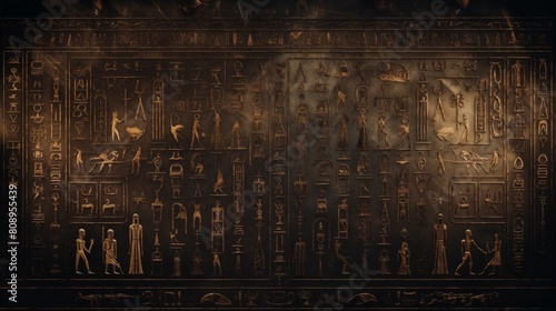 Ancient Egyptian hieroglyphs and symbols on a black wall. photo