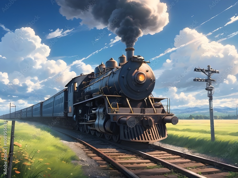 Anime train crossing track in sky background, beautiful and harmonious scene, exquisite animation, 