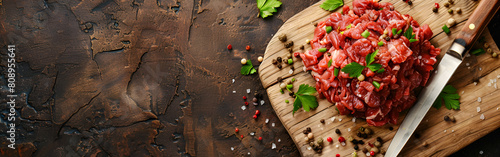 Savoring the Eid ul Adha Spirit, Minced Meat Medley with Tiny Tomatoes, Mint or sharp knife on the wooden Chopping Board on rustic wooden table background, top view