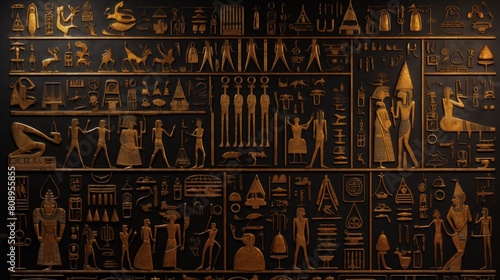Ancient Egyptian hieroglyphs and symbols on a black wall.
