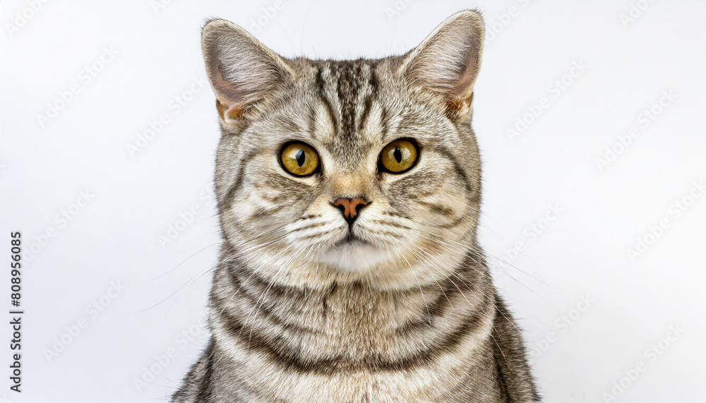 Portrait of a pretty silver tabby british shorthair cat looking at the camera isolated on a white background