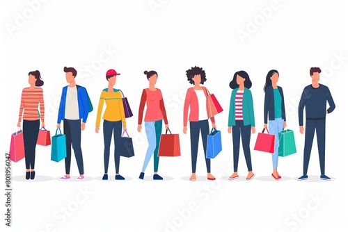 joyful shoppers with bags woman and man customers in store vector set photo