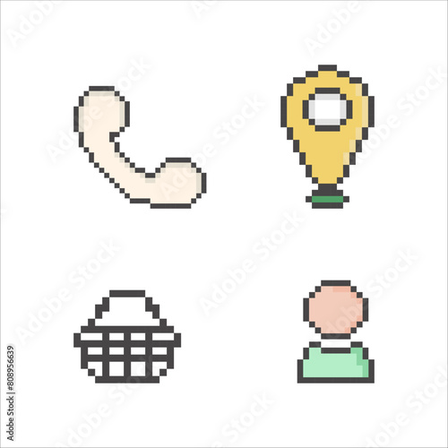 icons in pixel art style, icons in retro style, squares, telephone receiver, label, basket, man