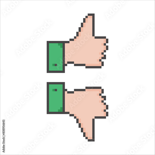 icons in pixel art style, retro style icons, squares. hand icon, like and dislike, thumbs up fnd down