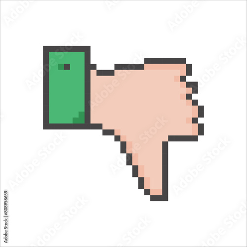icons in pixel art style, retro style icons, squares. hand icon, dislike, thumbs down