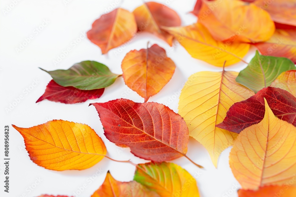 Obraz premium A pile of autumn leaves with a variety of colors, including red, yellow