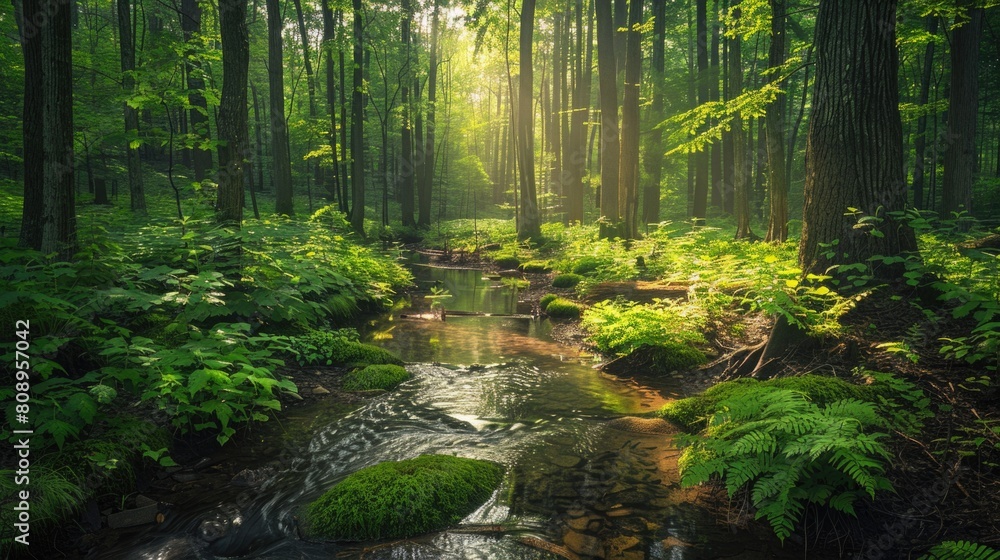 Obraz premium Gentle Forest Creek with Luminous Canopy and Rich Vegetation