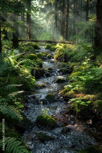 Gentle Forest Creek with Luminous Canopy and Rich Vegetation