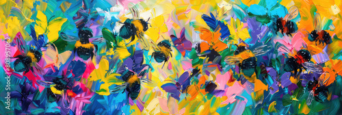colorful bees and butterflies in style of a painting