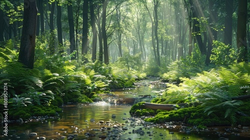 Peaceful Woodland Stream with Dappled Light and Verdant Foliage