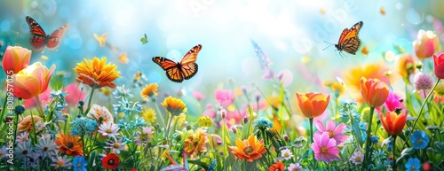 Vibrant Garden with Colorful Flowers and Visiting Butterflies.
