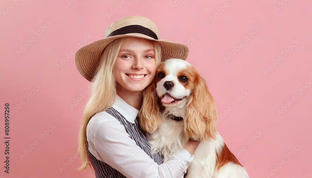 Portrait of smiling young blond woman in summer hat embracing king Charles spaniel dog. owner and pet relations concept. Veterinary health. Isolated front view on pink background Portrait of smiling young blond woman in summer hat embracing king Charles spaniel dog. owner and pet relations concept. Veterinary health. Isolated front view on pink background