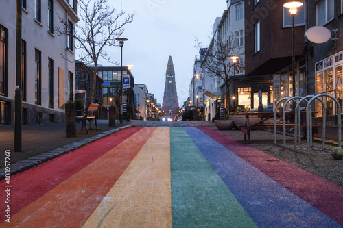 Hallgrimskirkja cathedral and Rainbow Street in downtown Reykjavik, Iceland during blue hour