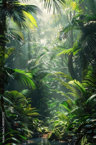 Vibrant Tropical Rainforest with Lush Vegetation and Abundant Wildlife