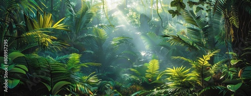 Rich Jungle Ecosystem with Verdant Ferns, Towering Trees, and Diverse Fauna