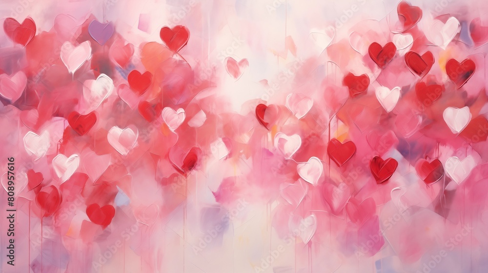 An abstract painting of pink and red heart balloons conveying a mood of romance and celebration An abstract painting of pink and red heart balloons conveying a mood of romance and celebration