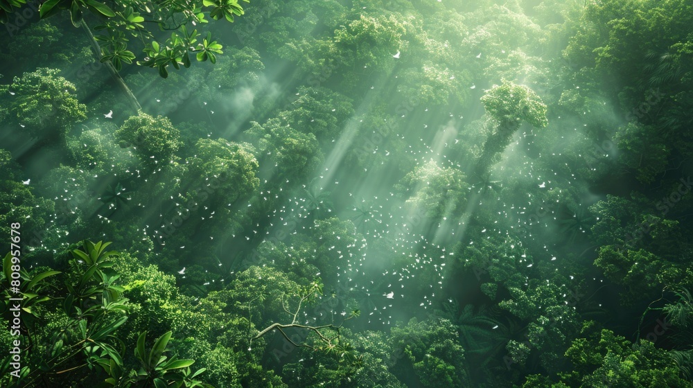 Obraz premium Aerial Perspective of Lush Rainforest Canopy Teeming with Wildlife