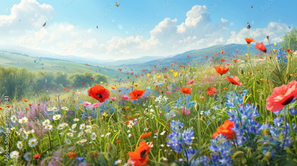 Spring Meadow Bursting with Wildflowers and Pollinators Spring Meadow Bursting with Wildflowers and Pollinators