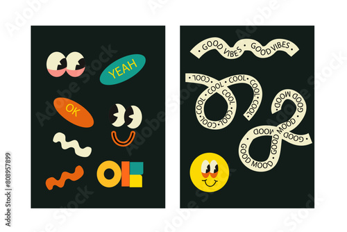 Brutalist posters set with naive playfull shapes and smile stickers. Retro abstract shapes backgrounds. Brutal contemporary figure circle oval wave patterns. Geometric posters in modern brutalist styl