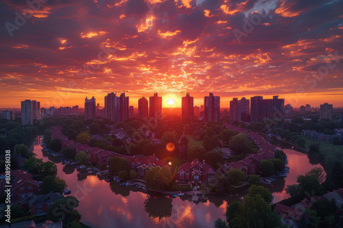 Drone capture of a vibrant sunset over a sprawling cityscape. AI generated.