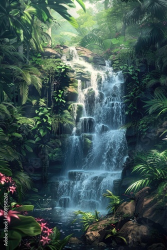 Tropical Waterfall Oasis with Rainbow in Lush Rainforest