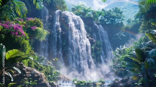 Rainbow-Touched Waterfall Oasis in a Tropical Rainforest