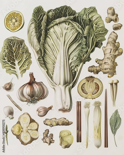 A vintagestyle botanical illustration of cabbage, ginger, and other ingredients used in making kimchi, depicted with fine lines and a muted color scheme, suitable for elegant wall art